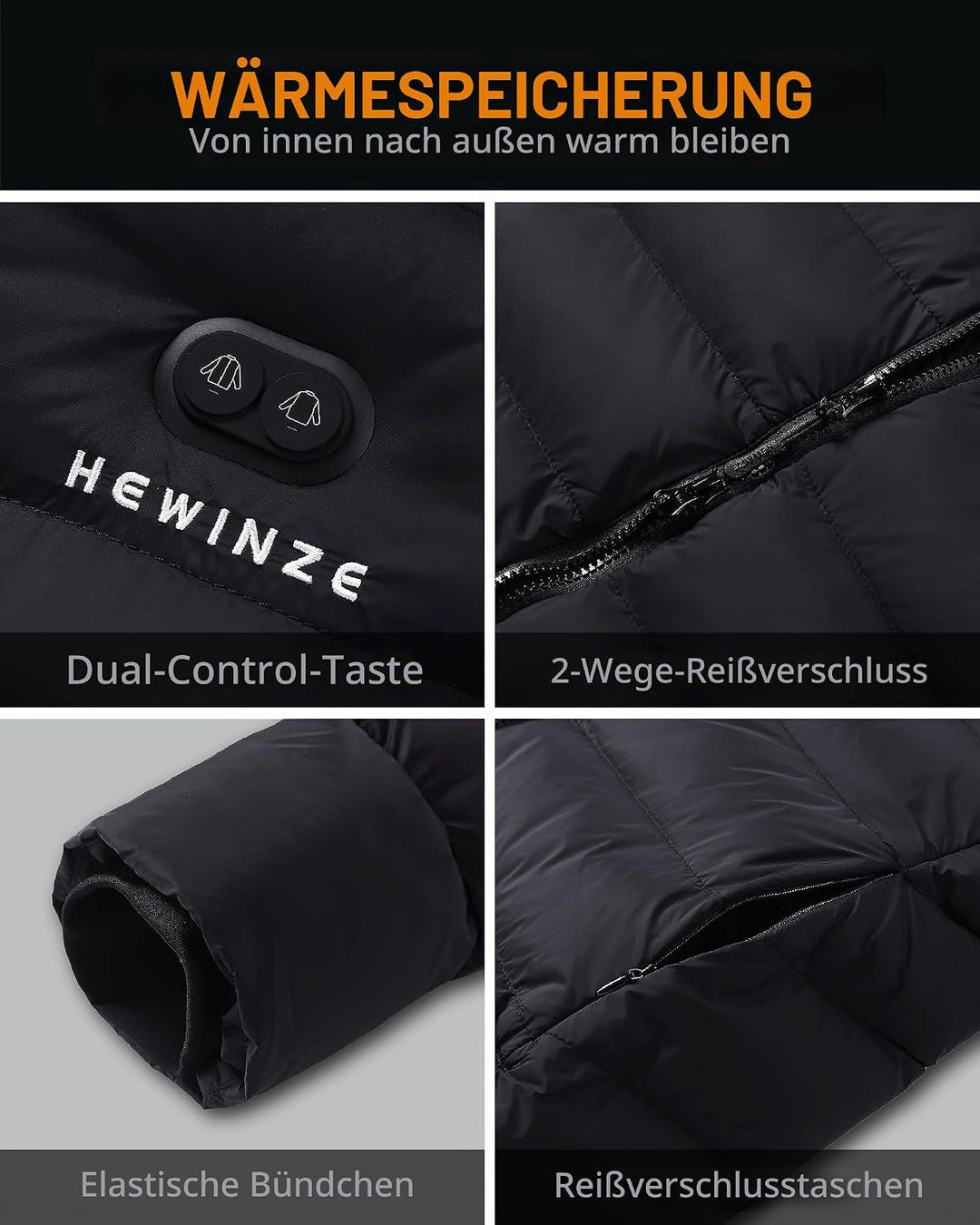 HEWINZE Beheizter Puffermantel mit Kapuze für Damen,elektrische Dual-Control-Heizjacke mit 7,4-V-Akk