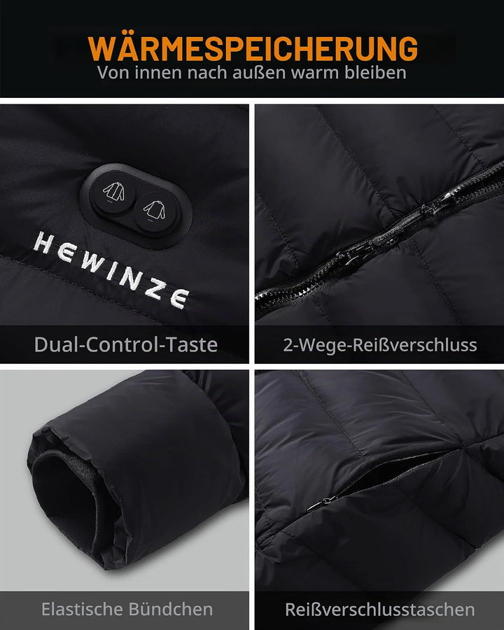 HEWINZE Beheizter Puffermantel mit Kapuze für Damen,elektrische Dual-Control-Heizjacke mit 7,4-V-Akk