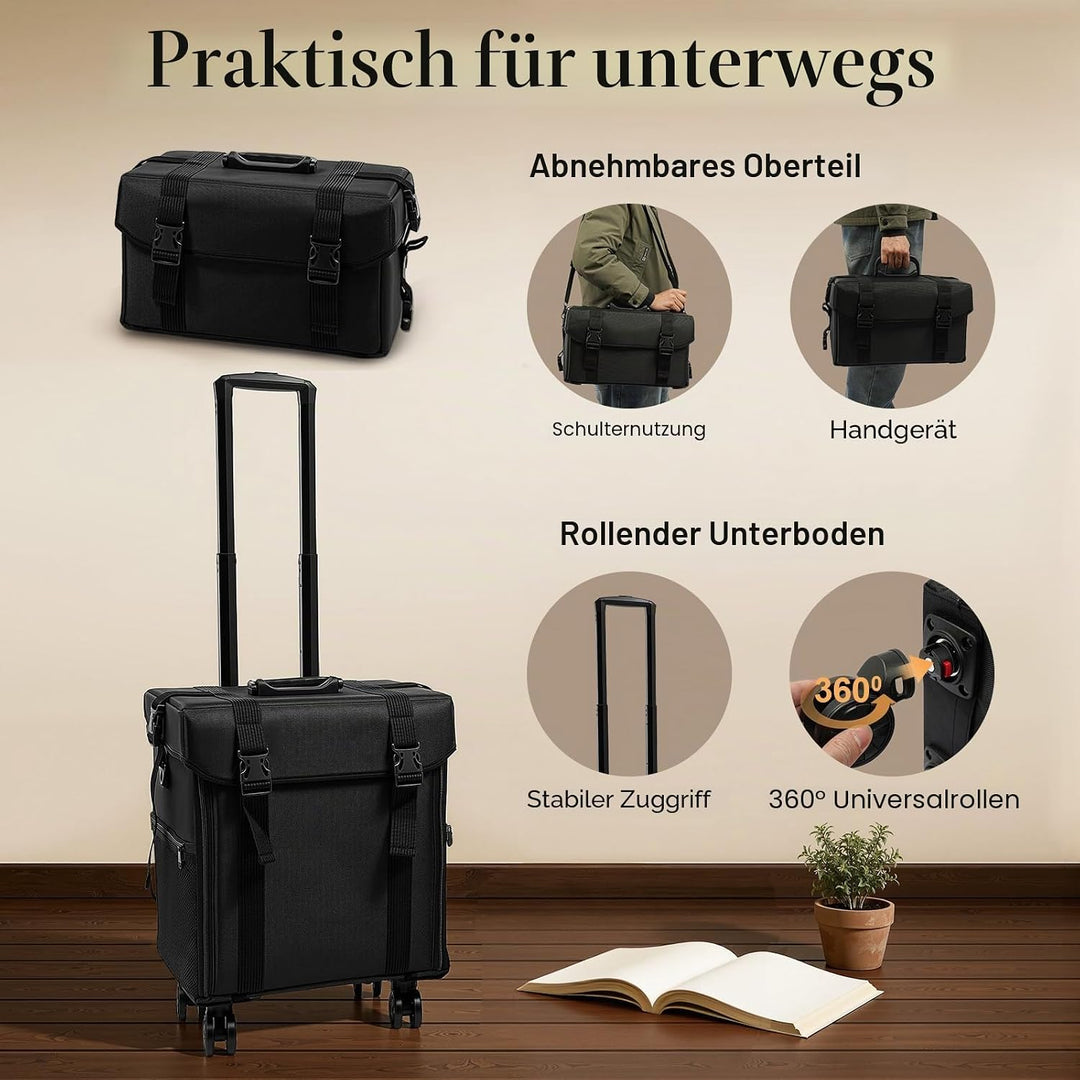2 in 1 Kosmetikkoffer, Abnehmbarer Kosmetikkoffer Trolley mit Rollen und Deichsel, Friseurkoffer mit