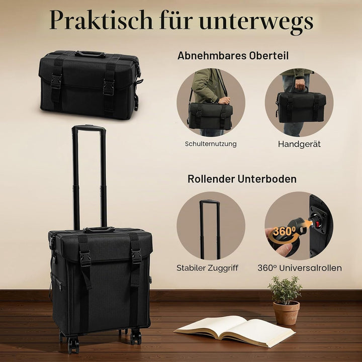 2 in 1 Kosmetikkoffer, Abnehmbarer Kosmetikkoffer Trolley mit Rollen und Deichsel, Friseurkoffer mit