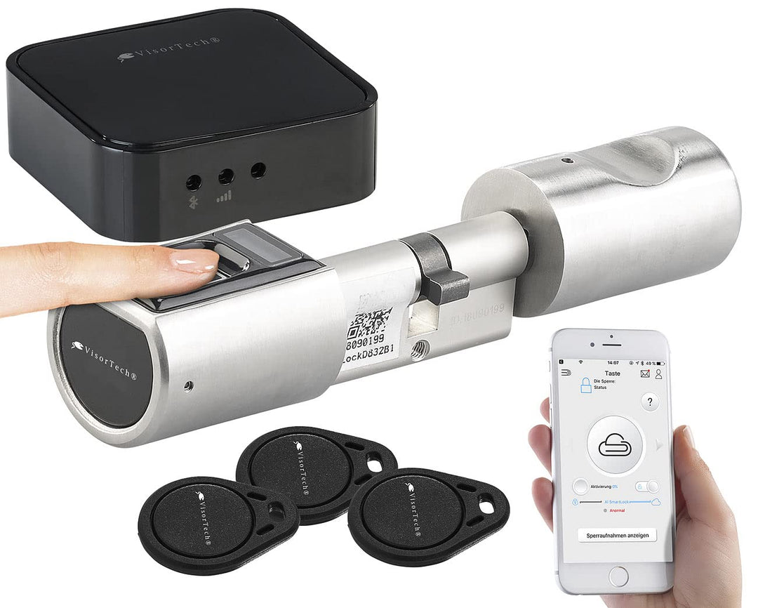 VisorTech Fingerprint Türschloss: Elektronischer Tür-Schliesszylinder, Fingerprint, Transponder, Gat