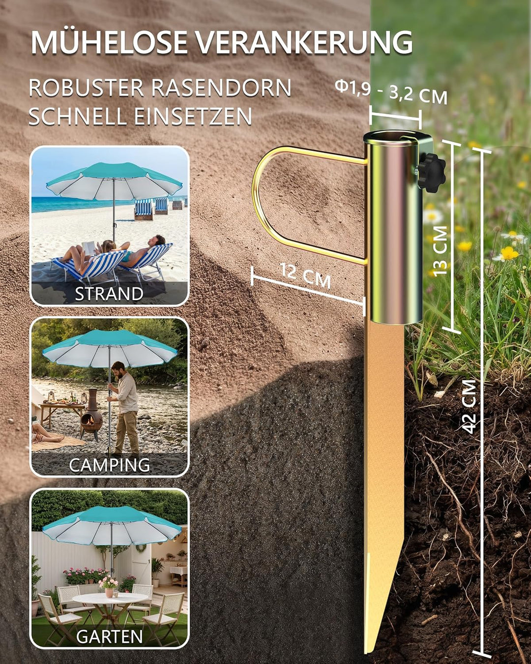 4smile Sonnenschirm Strand Ø 180 cm, 3-in-1 SET mit Rasendorn, Türkis | Strandschirm windfest stabil