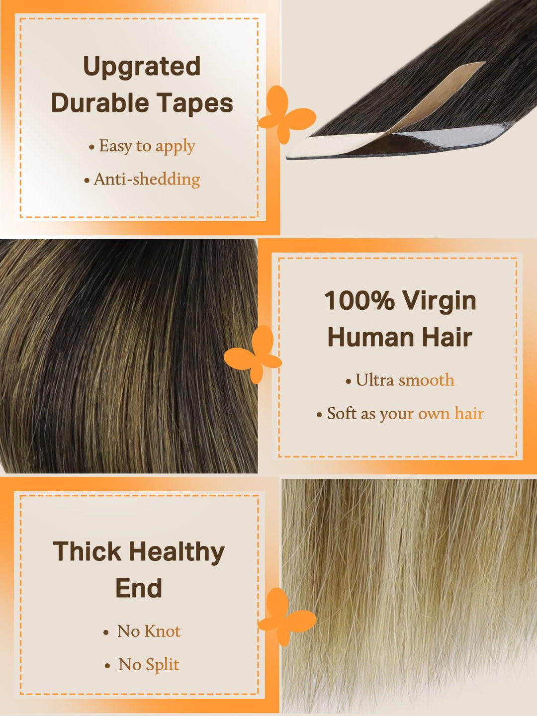DOORES Tape Extensions Echthaar, Dunkel Braun bis Chestnut Braun und Dirty Blonde Highlights 50cm (2