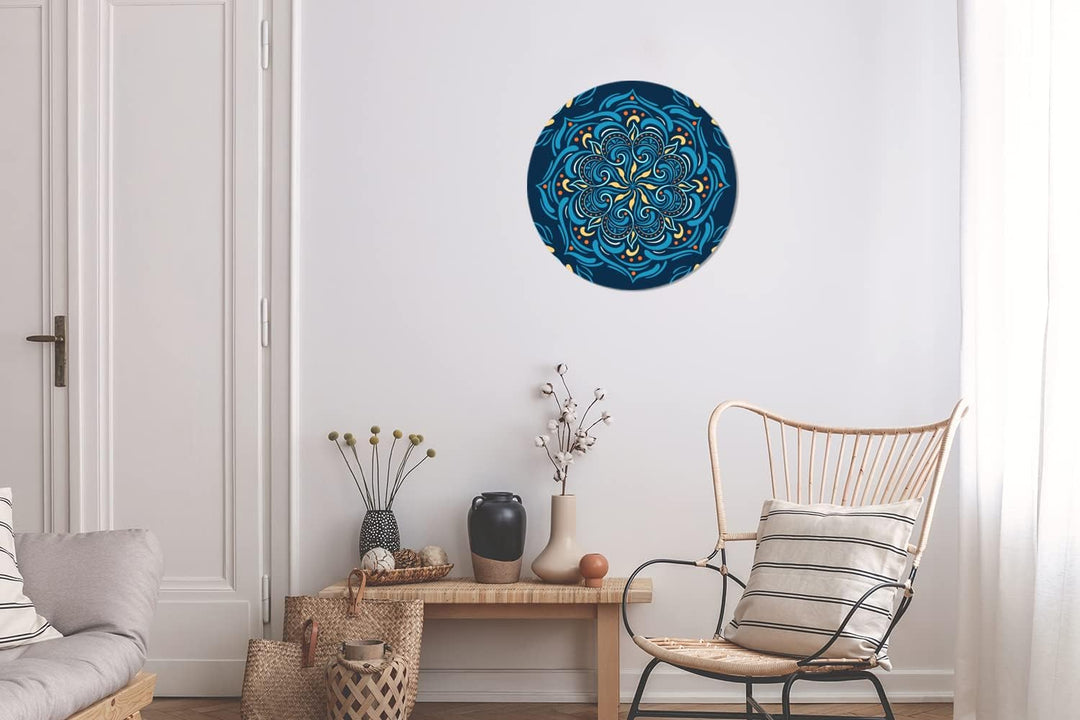 Wandbild Rund Wanddeko Deko Wohnzimmer Bilder 30x30 cm Mandala - Blau - Gelb - Muster, 30x30 cm