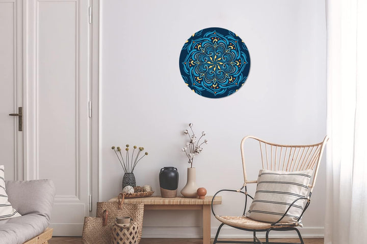 Wandbild Rund Wanddeko Deko Wohnzimmer Bilder 30x30 cm Mandala - Blau - Gelb - Muster, 30x30 cm