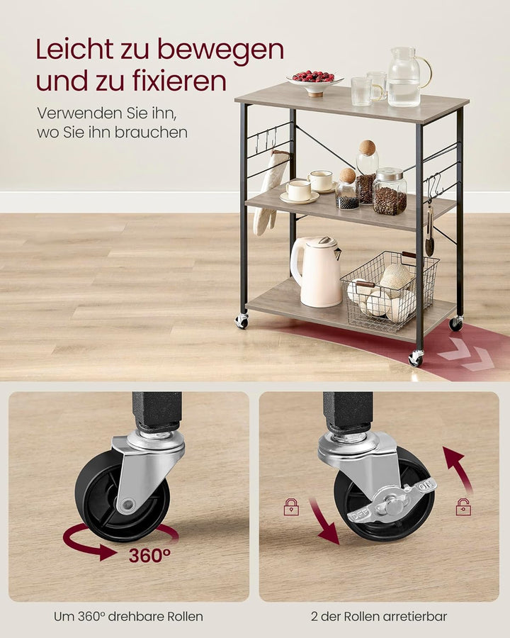 VASAGLE Küchenregal auf Rollen, Servierwagen mit 3 Ebenen, Küchenwagen, Mikrowellen-Regal, für Mini-