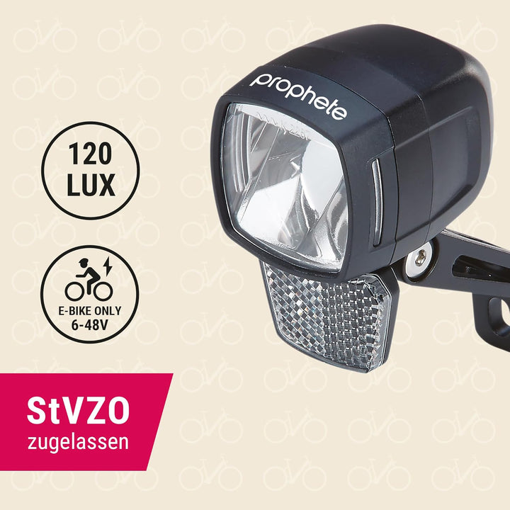 Prophete LED-Scheinwerfer 120 Lux | Fahrradbeleuchtung | Aluminium | OSRAM LEDs | für E-Bike (6-48 V