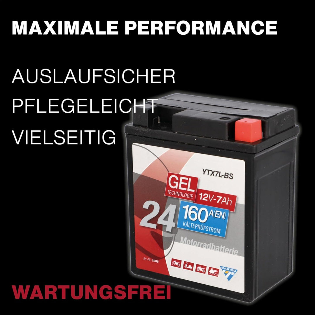 CARTEC Motorradbatterie YTX7L-BS, 6Ah, 100A, Gel Technologie Motorrad-Starter-Batterie, Erstausrüste