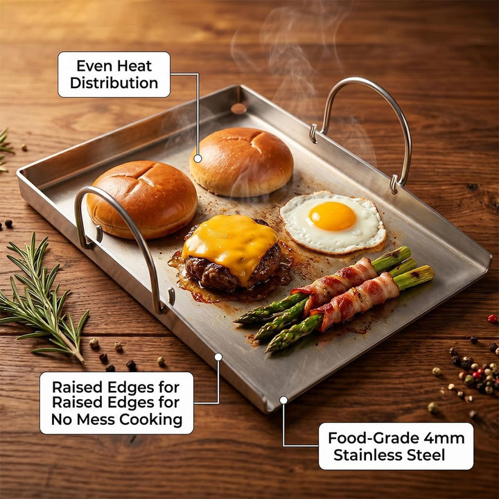 5 Set Plancha Grillplatte - Edelstahl Grillplatte - 2 Grillspachteln &amp; Ölflasche - 30x40 cm Plancha