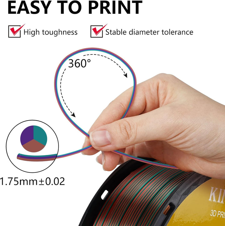 Kingroon PLA 3D-Drucker-Filament, dreifarbiges Seiden-PLA-Filament, Massgenauigkeit +/- 0,03 mm, 1-k