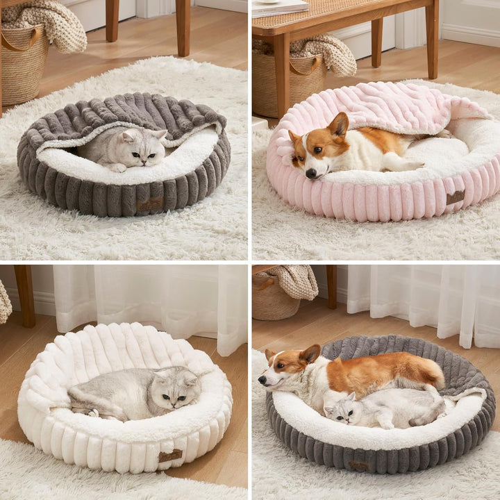 COZY KISS Katzenbett mit Decke 58x58x15cm - Flauschige Katzenhöhle - Kissen, Runde kleine Hundebett