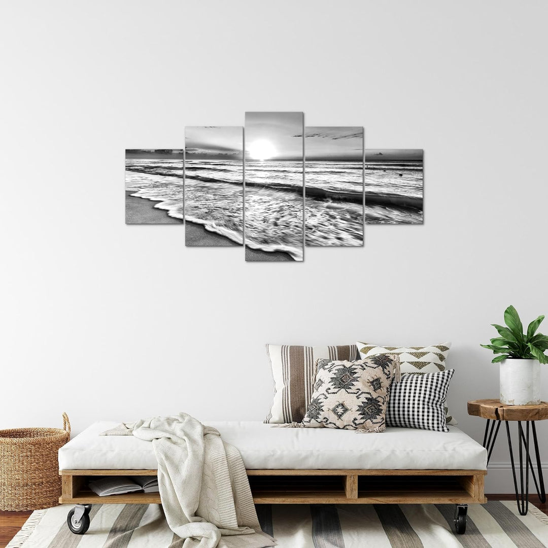 Runa Art Bild Schlafzimmer Wohnzimmer Sonnenuntergang Strand 5 Teilig Panorama Schwarz Weiss Wandbil