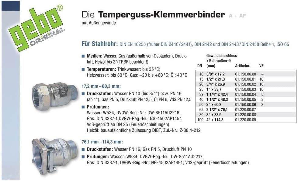 Gebo Armaturen 01.150.00.05 x Gebo Temperguss-Klemmverbinder A x48,3mm, Clear, 1 1/2 Zoll AG x 48.3
