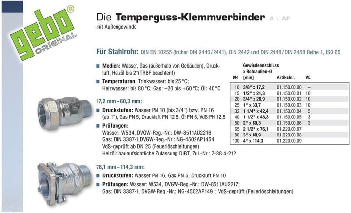 Gebo Armaturen 01.150.00.05 x Gebo Temperguss-Klemmverbinder A x48,3mm, Clear, 1 1/2 Zoll AG x 48.3