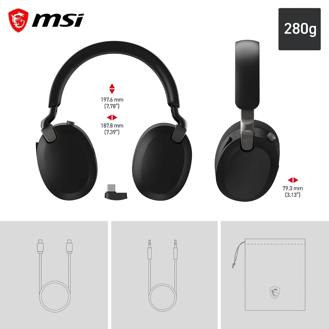 MSI Maestro 500 Wireless Black Headset, aktive Geräuschunterdrückung, Transparenzmodus, 2,4 GHz, Blu