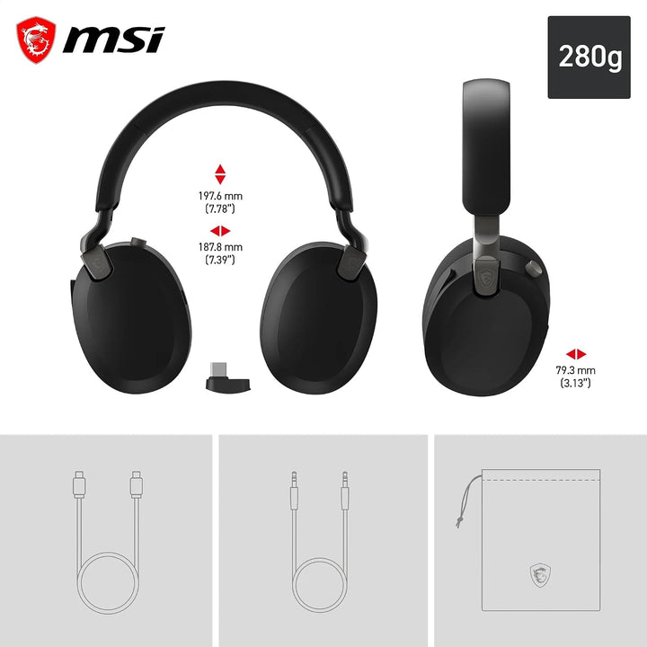 MSI Maestro 500 Wireless Black Headset, aktive Geräuschunterdrückung, Transparenzmodus, 2,4 GHz, Blu