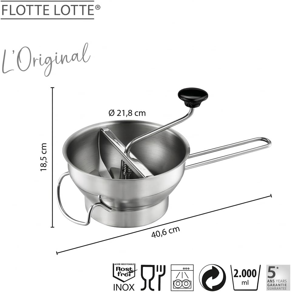 GEFU Passiergerät Flotte Lotte - manuelle Edelstahl-Passiermühle inkl. 3 Lochscheiben mit unterschie