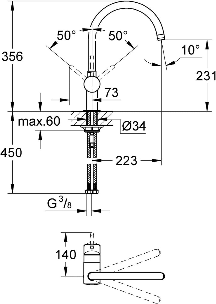 GROHE Minta | Küchenarmaturen - Einhand-Spültischbatterie | Schwenkbegrenzung 0°/150°/360° | U-Ausla
