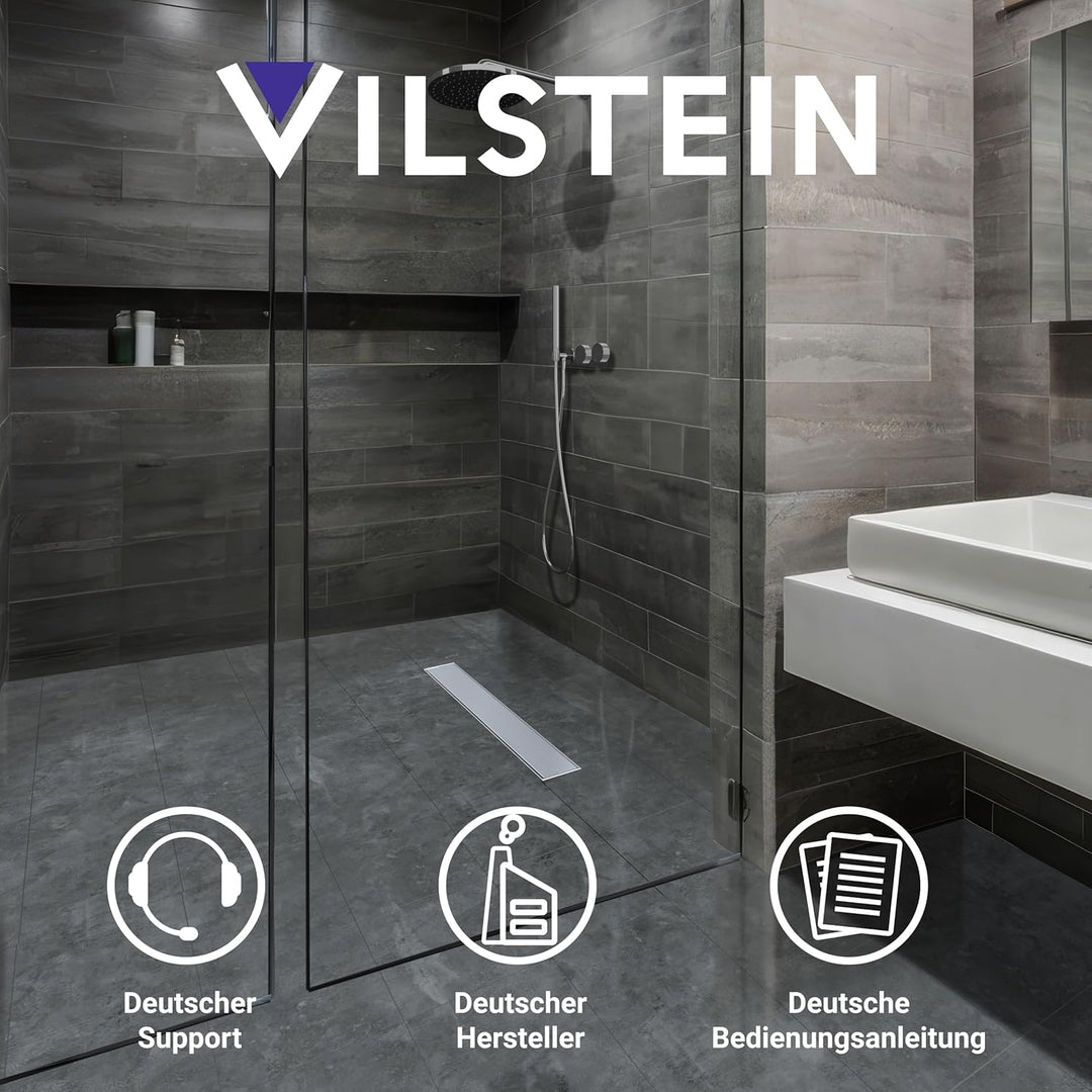 VILSTEIN Duschrinne 80cm, Edelstahl Bodenablauf Komplettset, extra flach, Siphon mit Geruchsstop, Ha