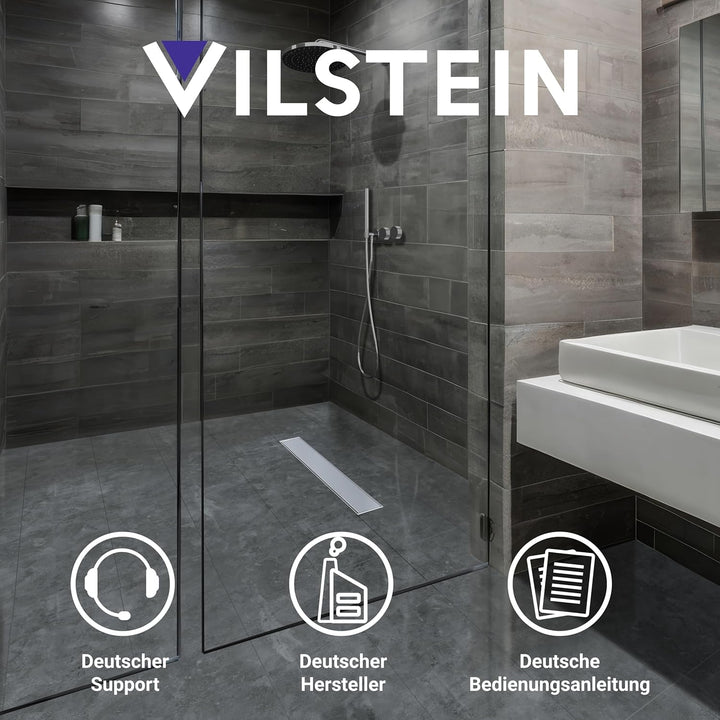 VILSTEIN Duschrinne 80cm, Edelstahl Bodenablauf Komplettset, extra flach, Siphon mit Geruchsstop, Ha
