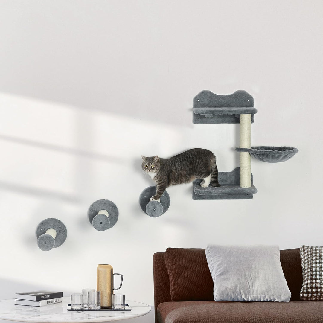 PawHut Katzen Kletterwand, 4-teilig, Katzenkletterwand, inkl. 1 x Sprungturm, 3 x Kratzbäume, Klette