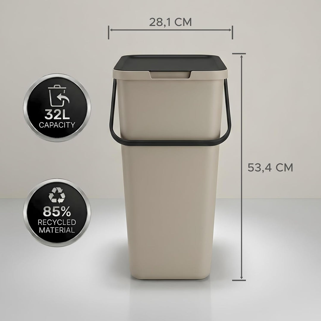 Mülltrennsystem 3 fach, 3x 32l beige, gross, Mülleimer freistehend, geruchsdicht, 34x28x53(H) cm, Be