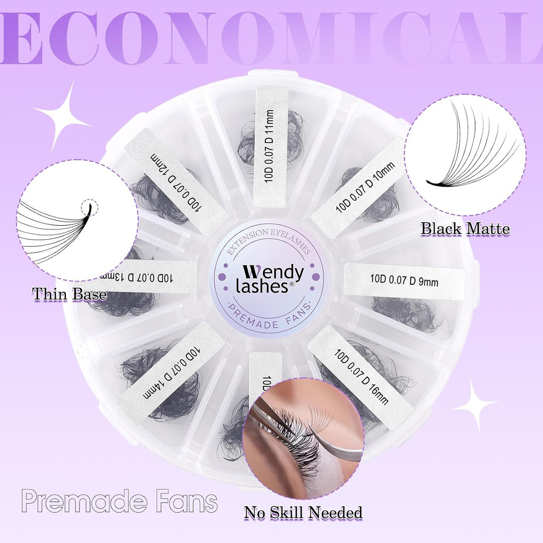 WENDY LASHES Premade Volume Fans 10D D-Curl 0,07mm 13-20mm 500 Stück | fertige russische Volumen Fäc