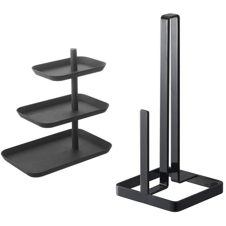 YAMAZAKI 4281 Tower Etagere, Stahl, Schwarz, One Size & Tower Küchenrollenhalter, Stahl, Schwarz, On