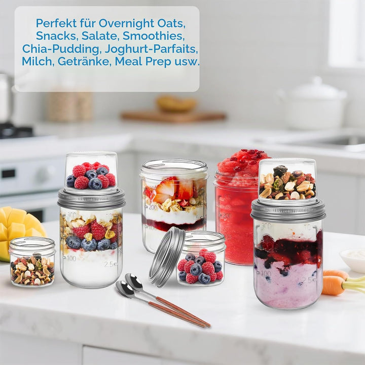 4er Overnight Oats Gläser 400ml+100ml, Joghurtbecher to go mit Doppelschicht-Design und Edelstahlöff