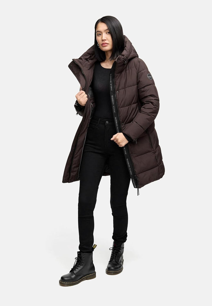 MARIKOO Damen Wintermantel warmer Steppmantel lang mit Kapuze und hohem Kragen Karumikoo XVI XS-5XL