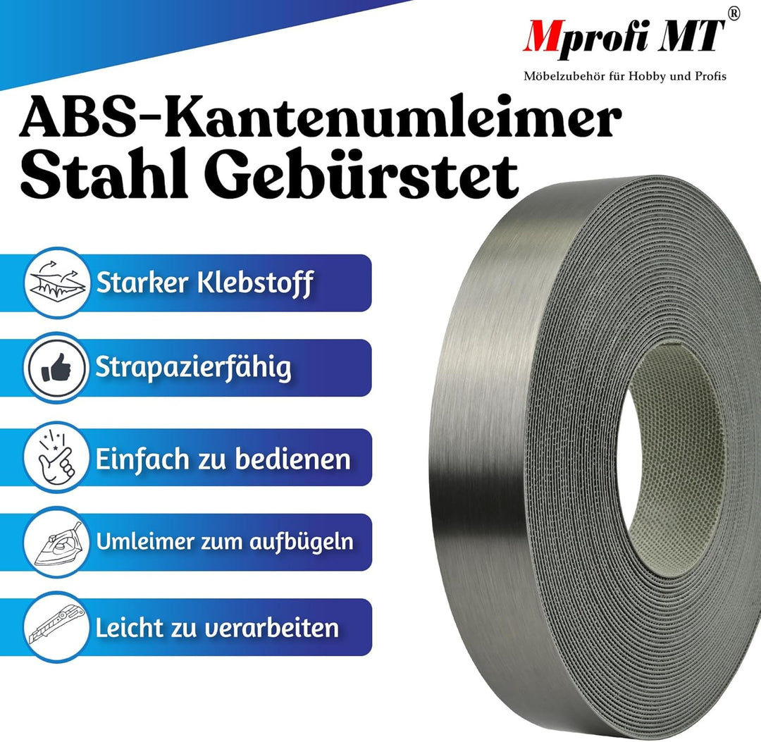 Mprofi MT® Kantenumleimer ABS Stahl Gebürstet | 22 mm x 5 m | Melamin Kantenband mit Schmelzkleber |