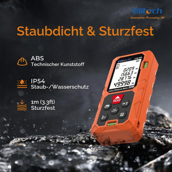 Elitech LDM-50-Series Laser Entfernungsmesser 50m Reichweite, ±2mm Genauigkeit, Flächen-/Volumen-/Py