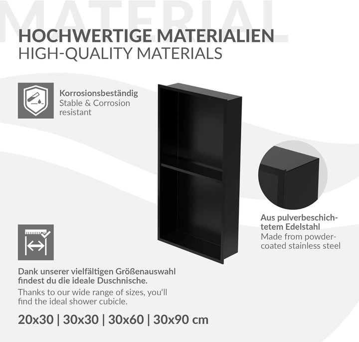 LuxeBath Wandnische Doppel aus Edelstahl, 30x60x10cm, Schwarz, Duschnische mit Rahmen, Einbauregal,