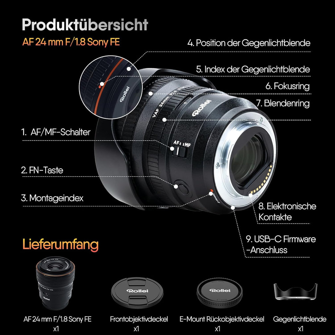 Rollei AF 24 mm F/1.8 Vollformat Objektiv für Sony FE mit STM-Autofokus | Vollmetall Gehäuse 477g Ko