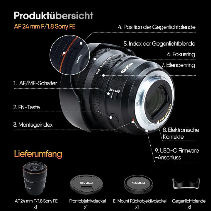 Rollei AF 24 mm F/1.8 Vollformat Objektiv für Sony FE mit STM-Autofokus | Vollmetall Gehäuse 477g Ko