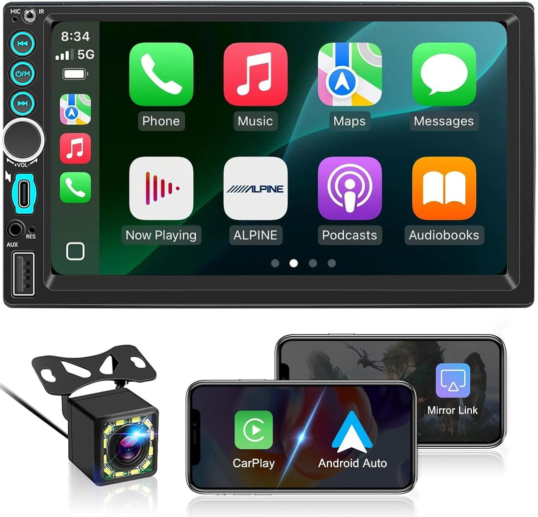 7 Zoll 2 Din Radio mit Wireless CarPlay &amp; Android Auto, Auto Radio Touch Display mit Rückfahrkamera,