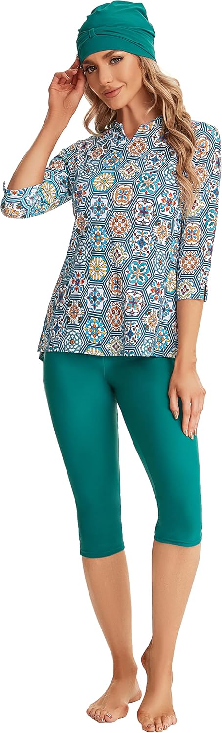 3/4 Sleeve Bescheidene Badeanzug für Frauen und Mädchen Elegante Kurzarm Bikinis Surfen Bademode Gep