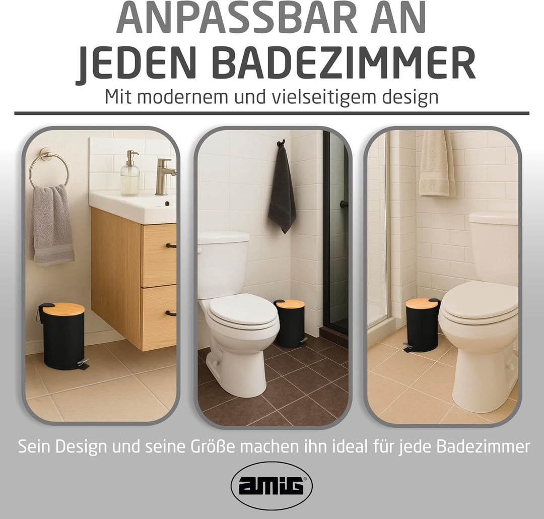 Amig – Kosmetikeimer mit Pedal 3L Naturline – Schwarz und Bambus – Hygienische Öffnung – Ø16,8 x 23