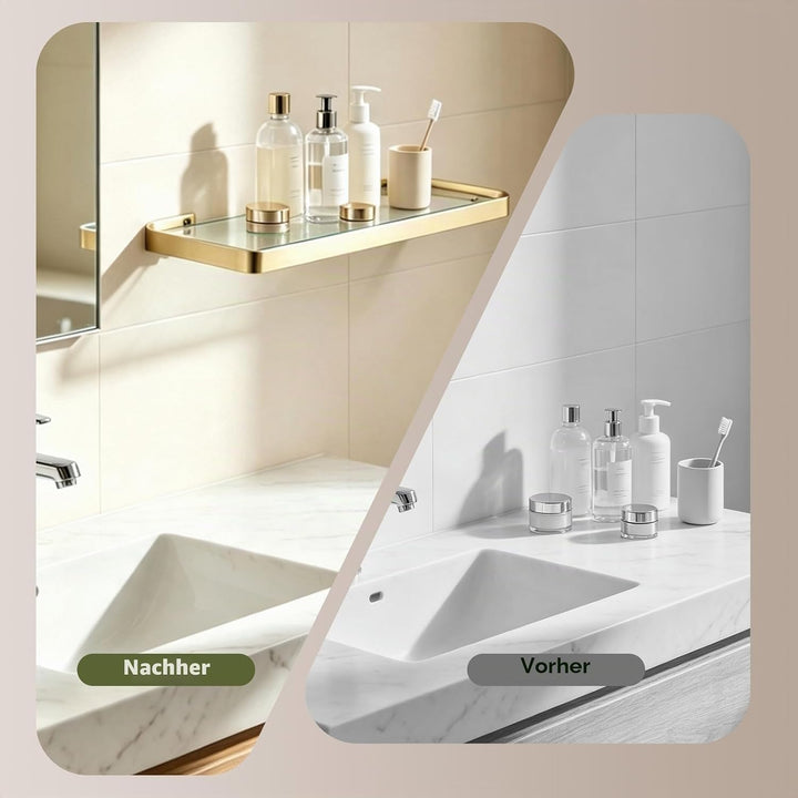 Glasablage mit Reling aus Gebürstetes Gold, Wandablage für das Badezimmer aus Glas und Edelstahl, 45