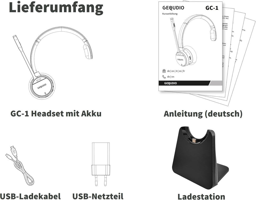 GEQUDIO GC-1 DECT Headset mit Ladestation für FritzBox - Kabellos Telefonieren am FritzFon – Duales