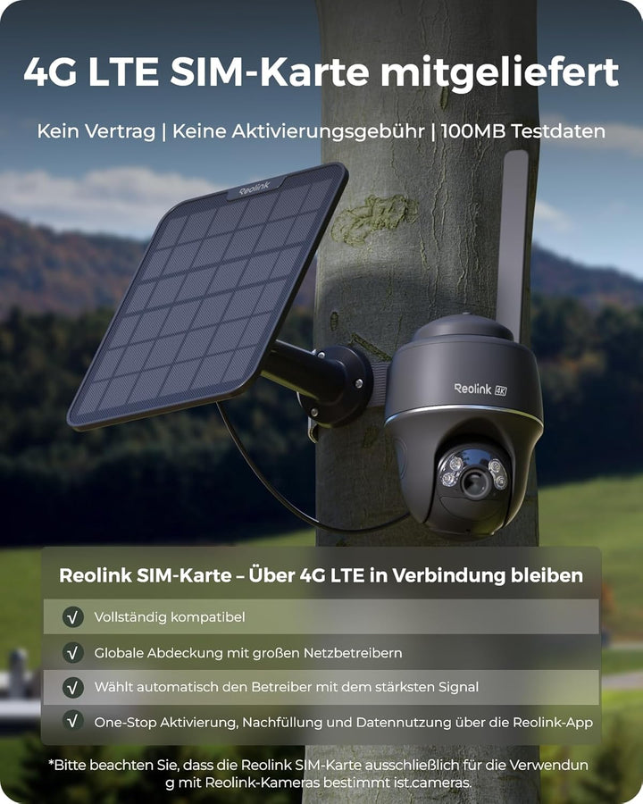 Reolink 4K 4G LTE Überwachungskamera Aussen mit SIM Karte Ohne WLAN, 355°&140° PTZ Solar Kamera Outd