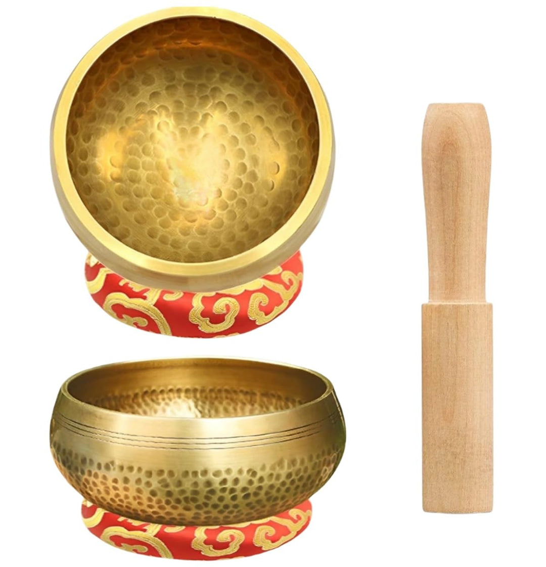 Tibetisches Klangschalen-Set Ø 8 &amp; 12 cm mit Chilin-Muster Inkl. Holzklöppel &amp; Schalenkissen | Handg