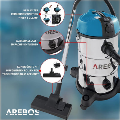 Arebos Industriestaubsauger 1300W | Nass- & Trockensauger | Mehrzwecksauger Wasser-Staubsauger | Wer