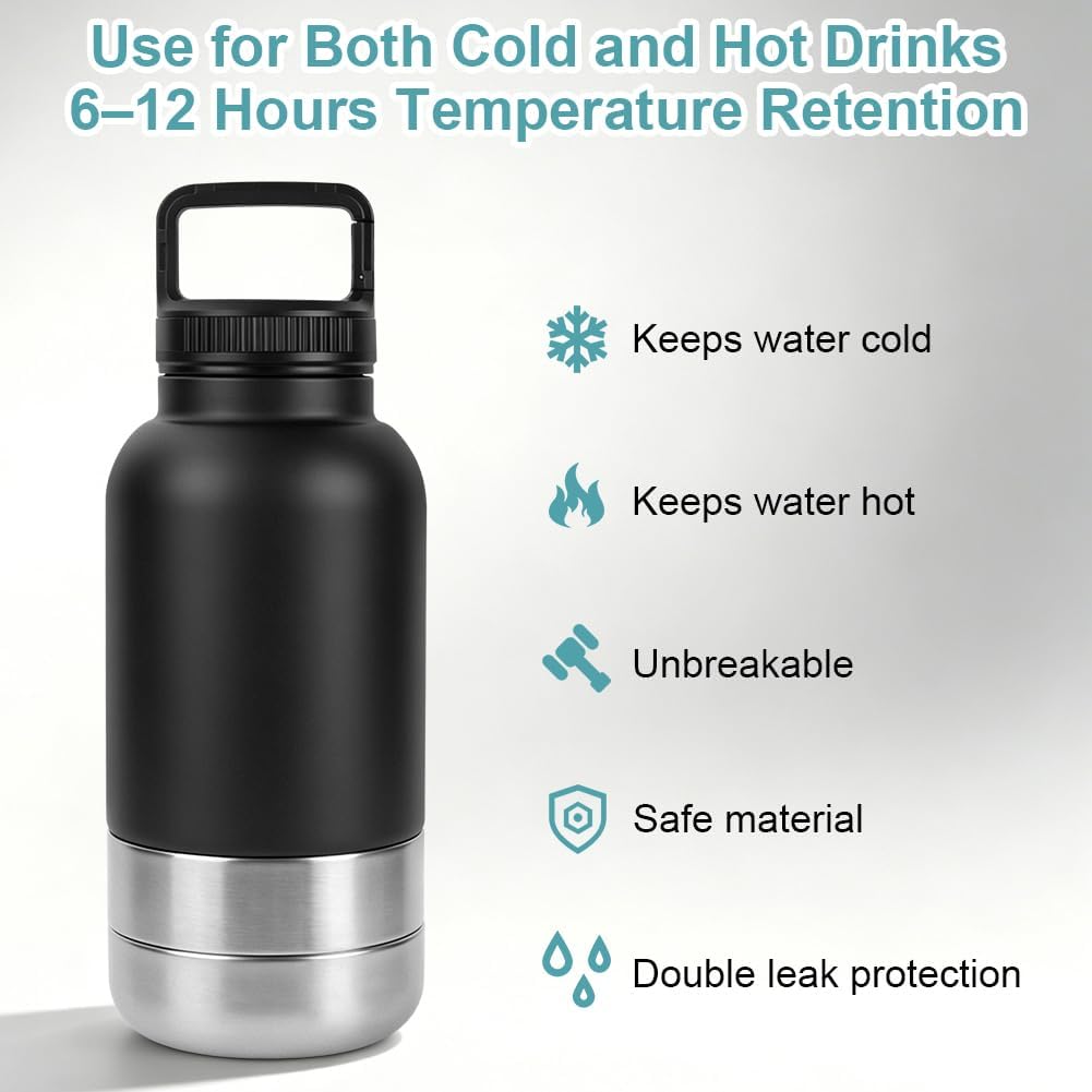 HOTUT Trinkflasche Hunde für Unterwegs 1000ml, 3 in 1 Wasserflasche mit 2 Futternapf, Isolierte Edel