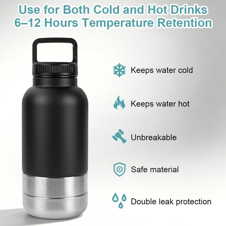HOTUT Trinkflasche Hunde für Unterwegs 1000ml, 3 in 1 Wasserflasche mit 2 Futternapf, Isolierte Edel