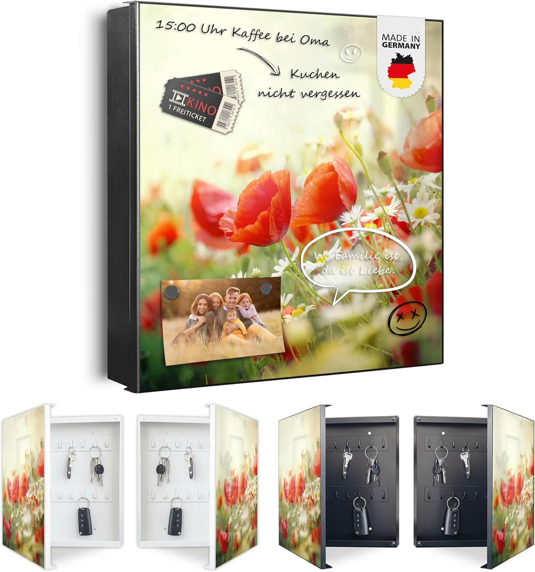 banjado® Grosser Schlüsselkasten Glas/Schlüsselbox 30cm x 30cm mit 50 Haken - Motiv Kamille Und Mohn