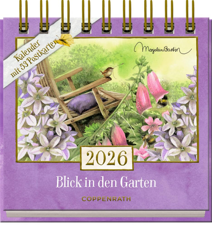 Kalender mit 53 Postkarten: 2026 - Blick in den Garten: Dekorativer Tischaufsteller mit Wochenkalend