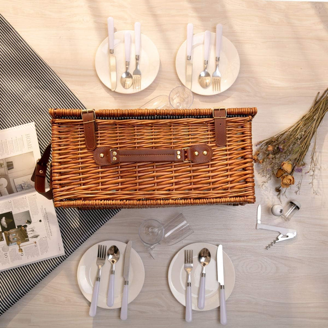 Picknickkorb-Set für 4 Personen, Weidenkorb Picknickkorb mit Isoliertem Kühlfach, Wasserdichter Deck