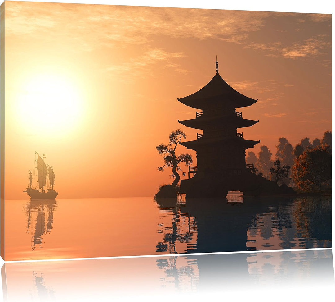 Chinesisches Haus am See, Format: 100x70 auf Leinwand, XXL riesige Bilder fertig gerahmt mit Keilrah