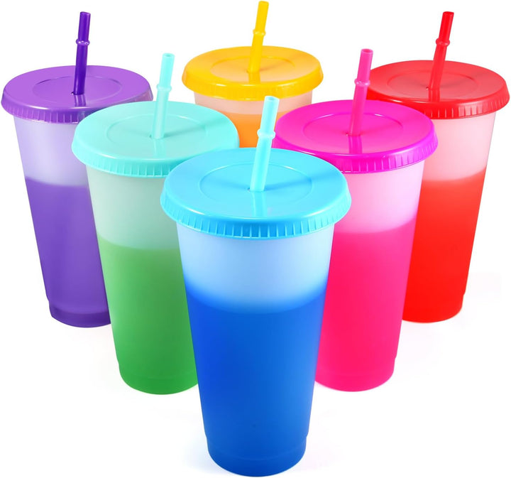 Plastikbecher Trinkbecher Becher mit Strohhalm & Deckel - 710ml Gross Tasse Farbwechselbecher kaffee